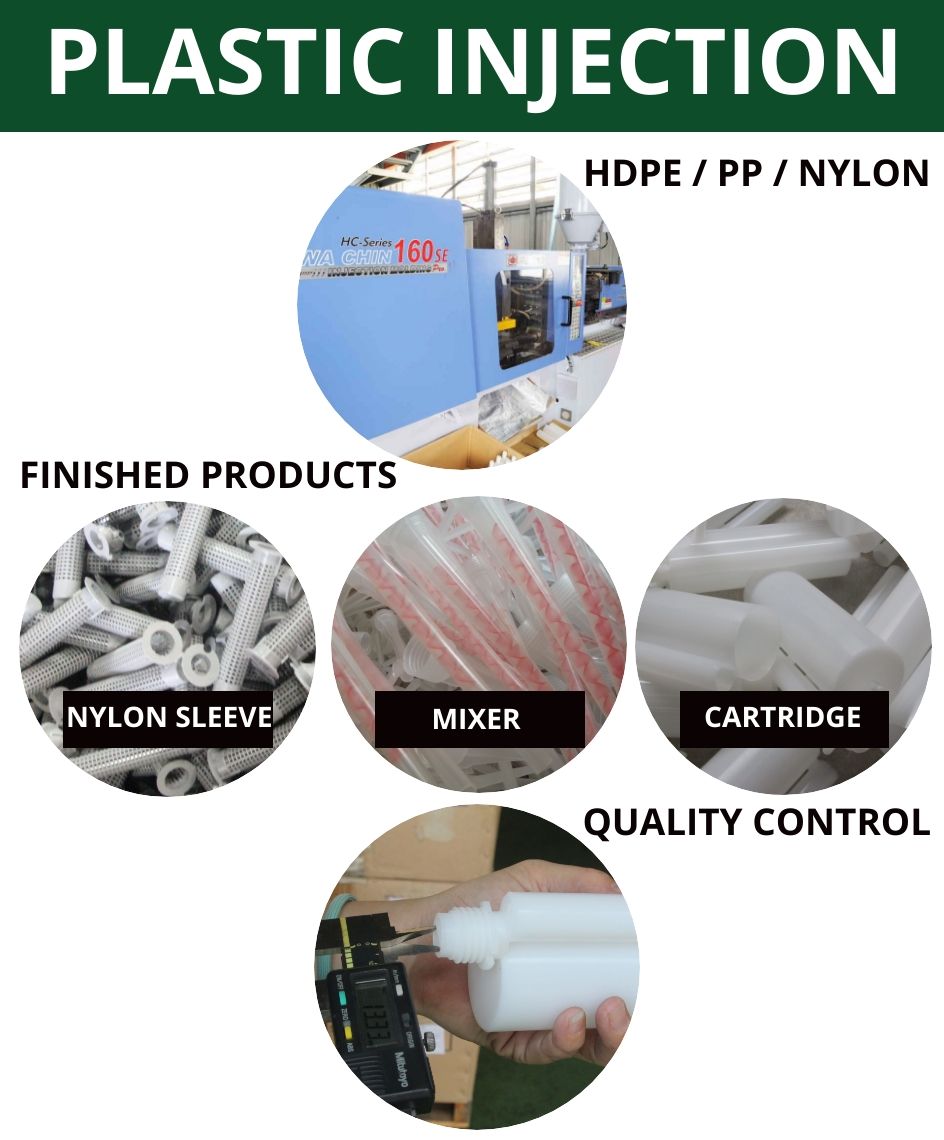 Nous produisons des cartouches d'injection vides et des accessoires en plastique pour ancre chimique dans notre propre usine